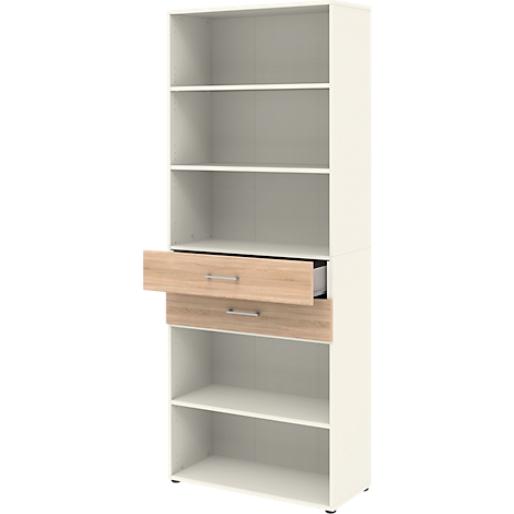 Grande armoire blanche avec étagères et deux tiroirs aspect bois.