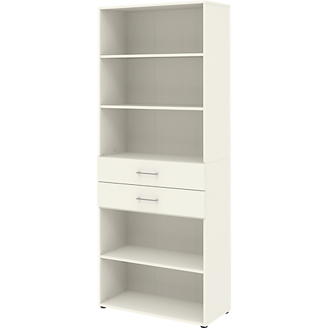 Bibliothèque beige avec étagères ouvertes et deux tiroirs. Design simple.