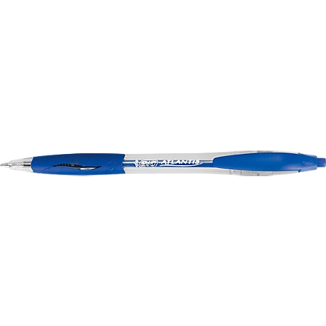 Blue pen, with blue grip and tip. The pen has a white shaft with text. A dolphin is depicted on the blue part.