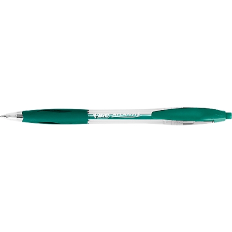 A green ballpoint pen on a white background. The pen has a green handle and a transparent barrel. The tip of the pen is visible.