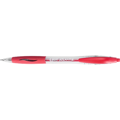 A red ballpoint pen with a transparent shaft and a red grip zone. The pen has a black clip and lettering.