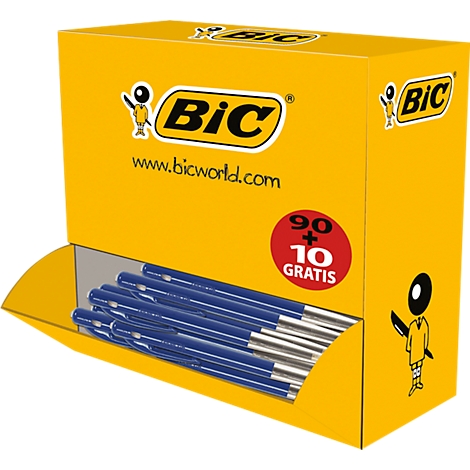 Gele Bic-pennenbox. 90 + 10 gratis in rode cirkel. Blauwe pennen liggen in de opening.