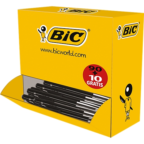 Gele pennenbox met zwarte pennen. Gedrukt: BIC, 90+10 gratis.