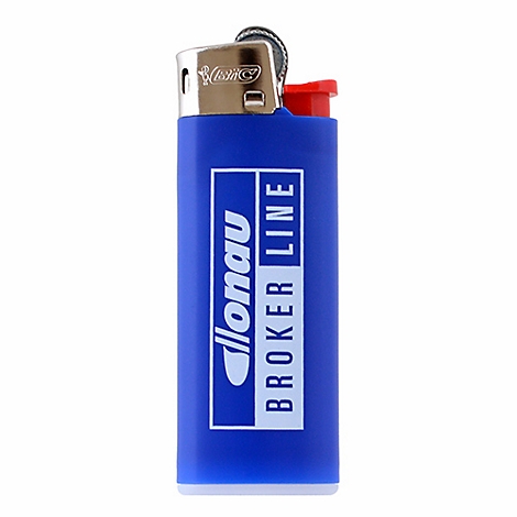 Blau-weißer Feuerzeug mit der Aufschrift "Llonau Broker Line".