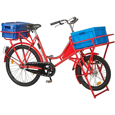 Bicicleta de carga roja con cajas azules. Hay portaequipajes montados en la parte delantera y trasera.