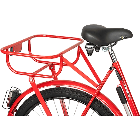 Primer plano de una bicicleta roja. Se ve el portaequipajes, el sillín y parte del neumático.