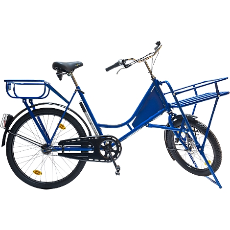 Bicicleta azul con portaequipajes delantero grande y portaequipajes trasero pequeño, vista lateral.