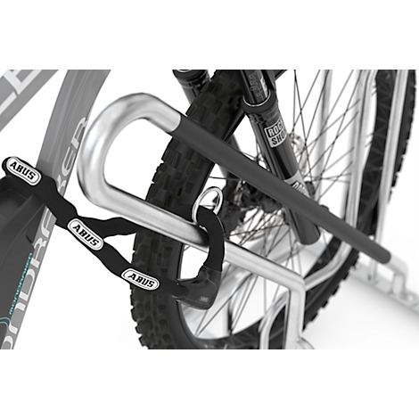 Close-up of a bicycle lock with a chain, brand ABUS, attached to a bicycle.