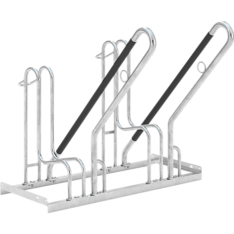 Metal bike rack with multiple parking spaces. Black handles and diagonal bars for support.