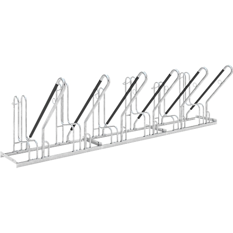 Metal bike rack, silver. Black supports and holders. Array for multiple bicycles.