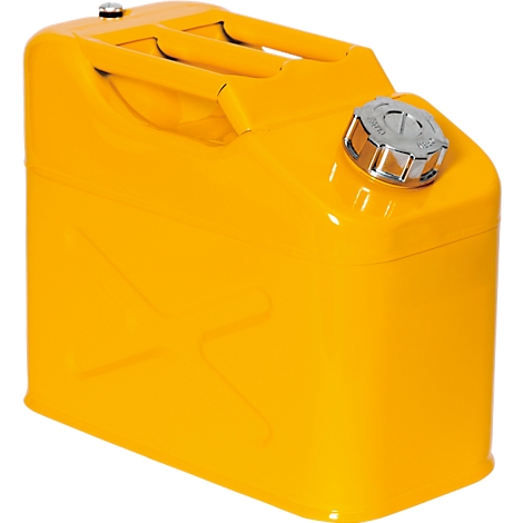Bidon de carburant jaune avec poignée, bouchon à vis argenté et poignée de transport.