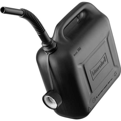 Bidón de combustible negro con boquilla flexible y asa, etiquetado 'himerdörfer'.
