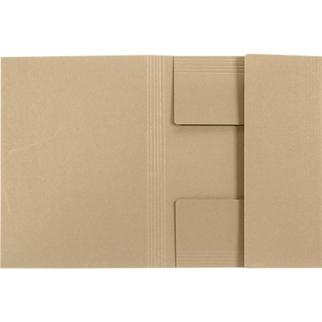 Hellbraune, offene Mappe mit zwei Fächern und vertikalen Rillen.