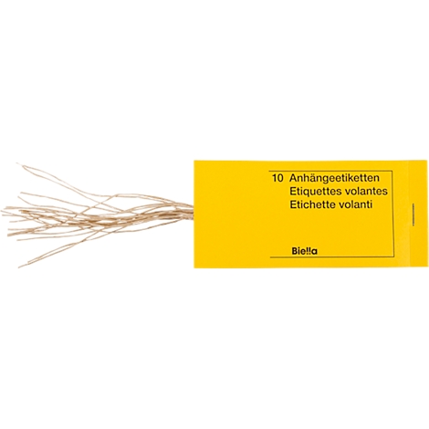 Helle Fäden, die von links nach rechts verlaufen. Rechts gelbe Verpackung mit Text: Anhängeetiketten.