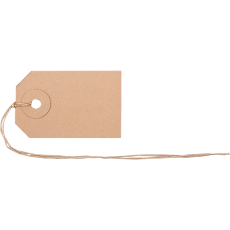 Beige Etikett mit Faden auf weissem Hintergrund. Loch in der Mitte, zum Befestigen.