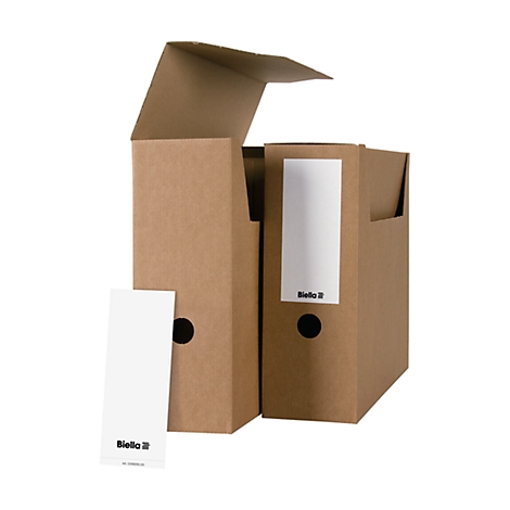 Two brown file boxes with white labels, one with an open lid. Next to it a white label.