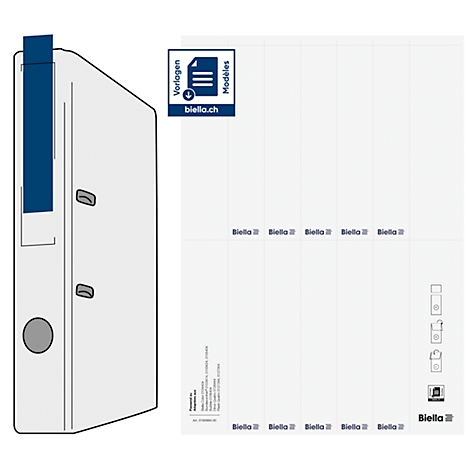 A white binder with a blue spine, next to a white index card with the biella.ch logo.