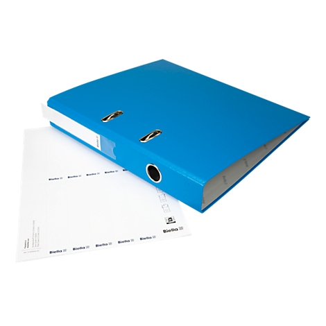 Blue file folder on a sheet of paper. The folder has a black ring mechanism.