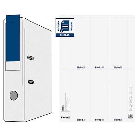 Binder with white paper and blue label printed with 'Vorlagen/Modèles' and logo.