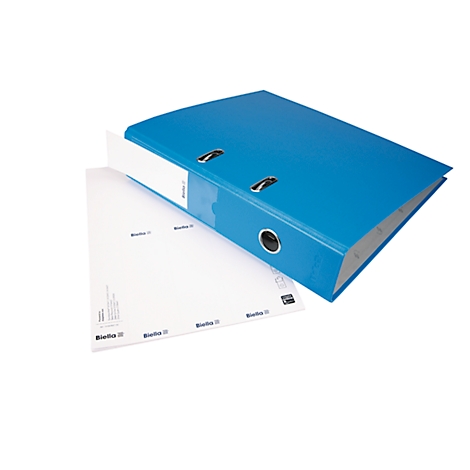 Blue binder with a white spine and paper next to it. The brand name Biella is visible on the paper.