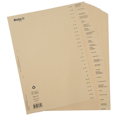 Beige Aktenordner mit schwarzen Zahlen und Text. Einige Register sind sichtbar.