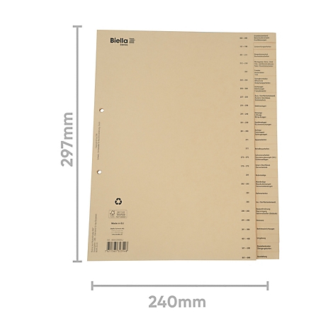 Beige Registerkarte, mit Dimensionen von 297mm x 240mm. Aufgedruckter Text und Logos.