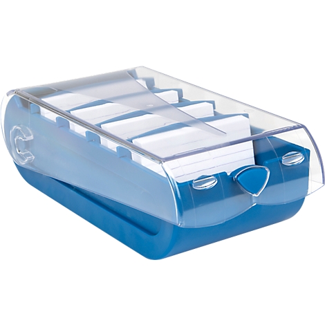 Boîte à cartes de visite bleu-transparent avec couvercle, remplie de cartes de visite.