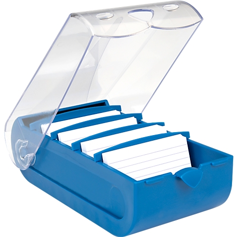 Boîte à cartes bleue avec couvercle transparent ouvert et fiches lignées.