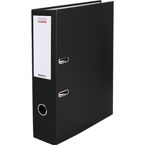 Black file folder with white label and brand logo.