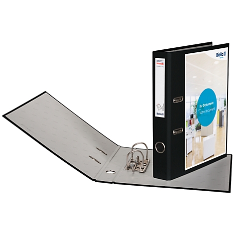 Black file folder, open. The folder contains metal lever mechanism and an insert sheet with printing.
