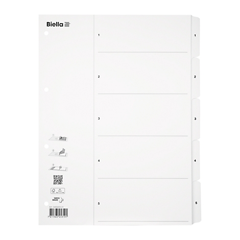White divider sheets for folders with labels, numbers. Logo of Biella.