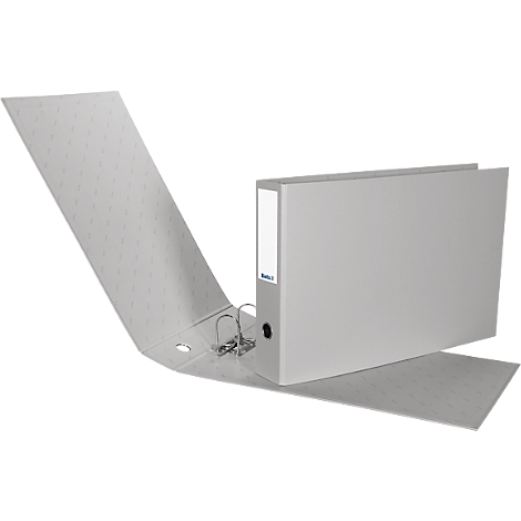 Grey file folder, open. On the spine is a white label with writing.