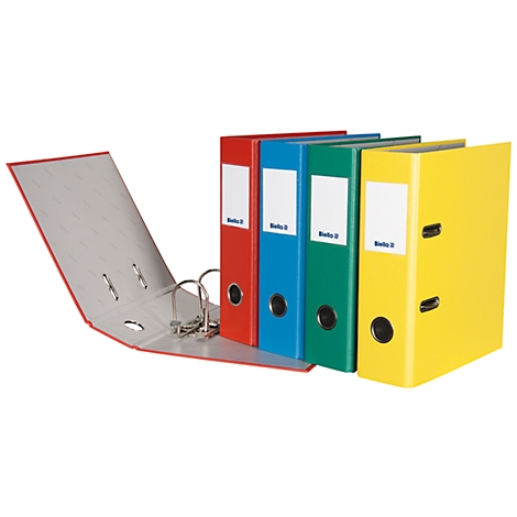 Open red binder next to colorful binders: red, blue, green, yellow.