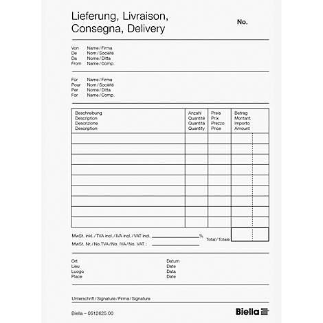 Rechnungsvorlage mit Überschrift 'Lieferung' in verschiedenen Sprachen. Tabellarische Spalten für Mengenangaben, Preise und Beträge.