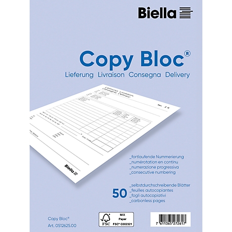Ein weisses Copy Bloc Papierpaket mit dem Aufdruck Copy Bloc. Darunter steht die Anzahl 50, sowie die Schriftart fortlaufende Nummerierung.