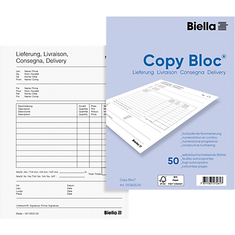 Ein weisser Block mit Aufdrucken, neben einem Formular; Aufdruck: Lieferung, Copy Bloc, 50 Blatt.
