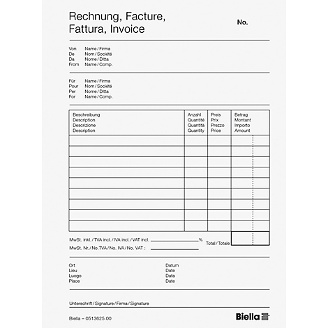 Rechnung, mit Tabellen und Textfeldern. Der Markenname Biella und die Nummer sind sichtbar.