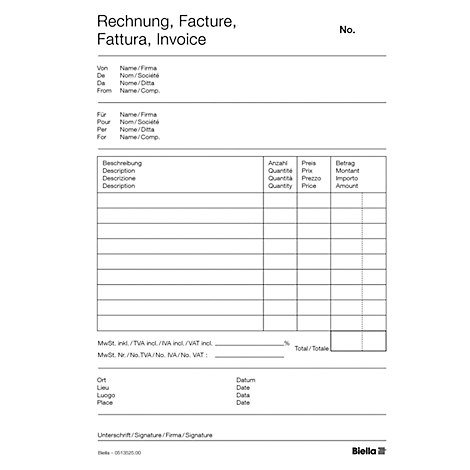 Eine Rechnungsvorlage mit den Überschriften Rechnung, Facture, Fattura, Invoice. Spalten für Beschreibung, Menge, Preis und Betrag.