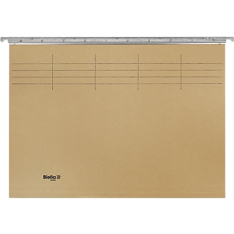 Braunes Hängetaschen mit Aufhängeschiene. Horizontale Linien und vertikale Trennlinien kennzeichnen die Innenseiten. Logo "Biella" unten links.