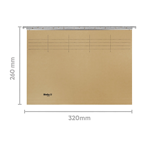 Hängeordner aus braunem Papier, oben mit einem silbernen Schienensystem. Masse: 260 mm x 320 mm.