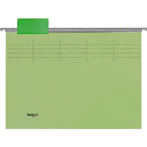 Hellgrüner Hängeordner mit grünem Beschriftungsschild, grauer Metallschiene und schwarzen Linien.