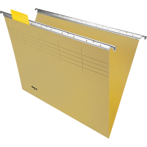 Hellbraune Hängeakte mit gelbem Reiter und Metallstange zum Aufhängen.