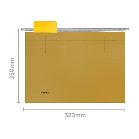 Hängeordner mit gelbem Tab und silberner Schiene, braun. Abmessungen 250 x 320 mm.