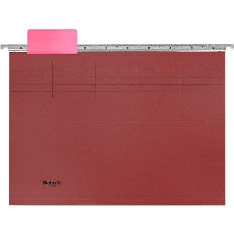 Hängeordner in Rot mit rosa Karteireiter und horizontalen Markierungen.