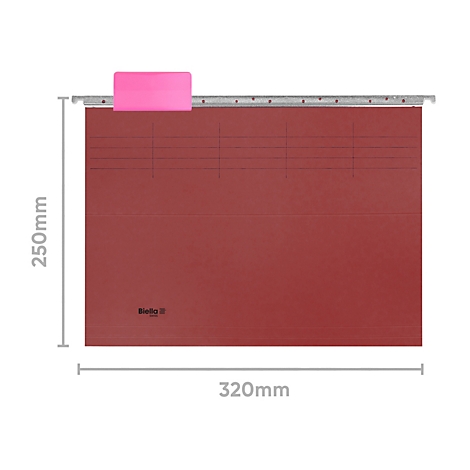Hängemappe in Rot mit rosa Registerkarte, Masse: 250mm x 320mm.
