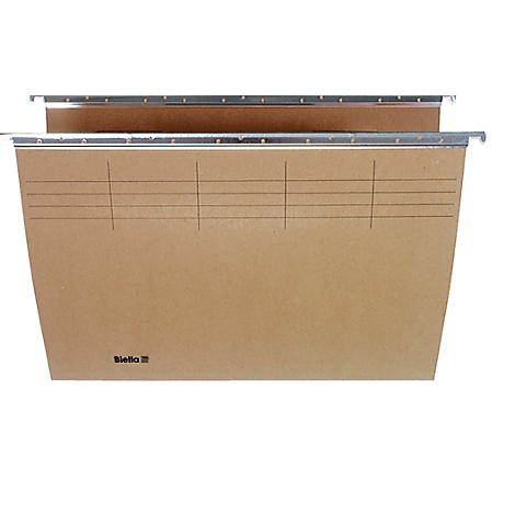 Brown hanging file with metal holders and markings. Reads "Biella".