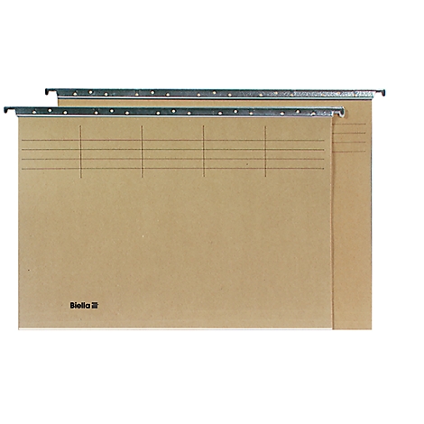 Two brown hanging folders with horizontal lines and metal rails. The 'Biella' logo is visible at the bottom left.