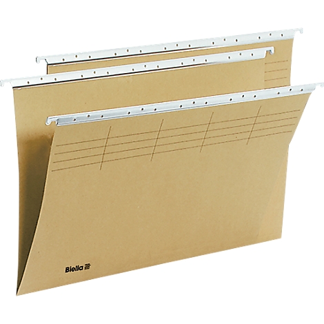 Hanging files made of brown cardboard with white holders, three files side by side.