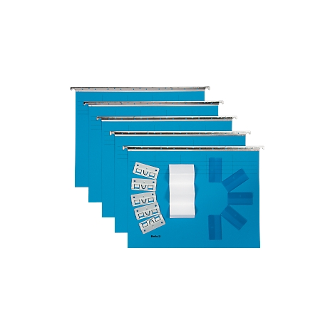 Five blue hanging file folders with metal rails and accessories lie on a white surface.