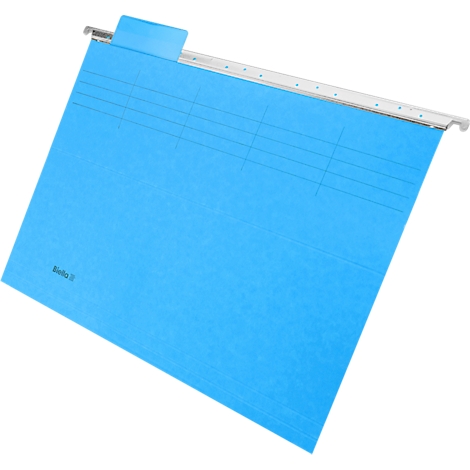 Blue hanging file with metal bar and blue tab.